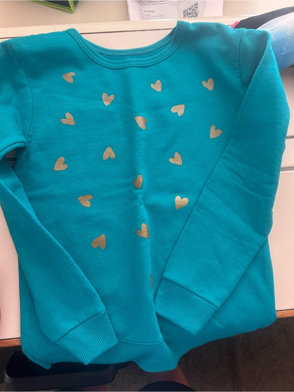 Hanes Teal Girls Sweatshirt with Gold Heart Prints
